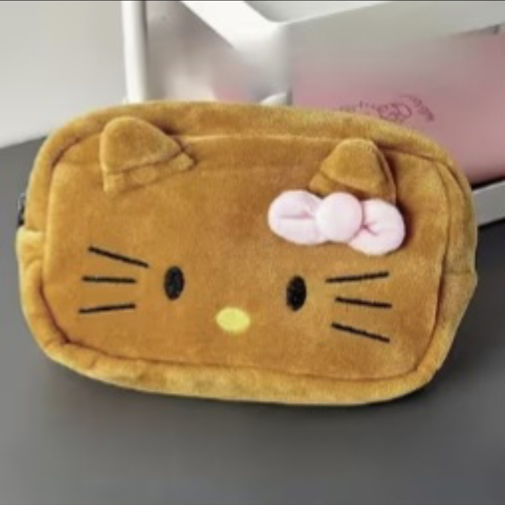 Brand New Hello Kitty Tan Fuzzy Cosmetics Pencil Pen Bag | Super Soft